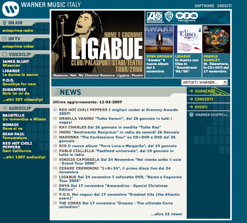 Website Warner Music Italy 2007 - Home page