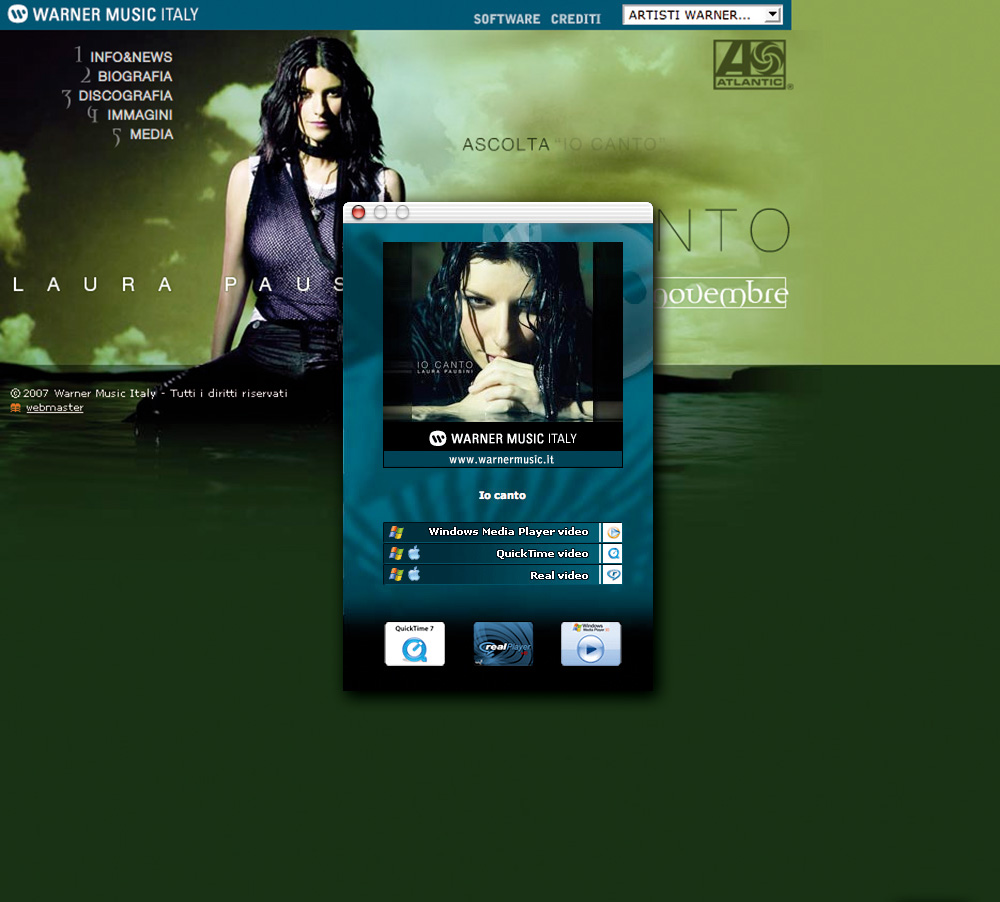 Website Warner Music Italy 2007 - mini-sito dedicato a Laura Pausini con player multimediale