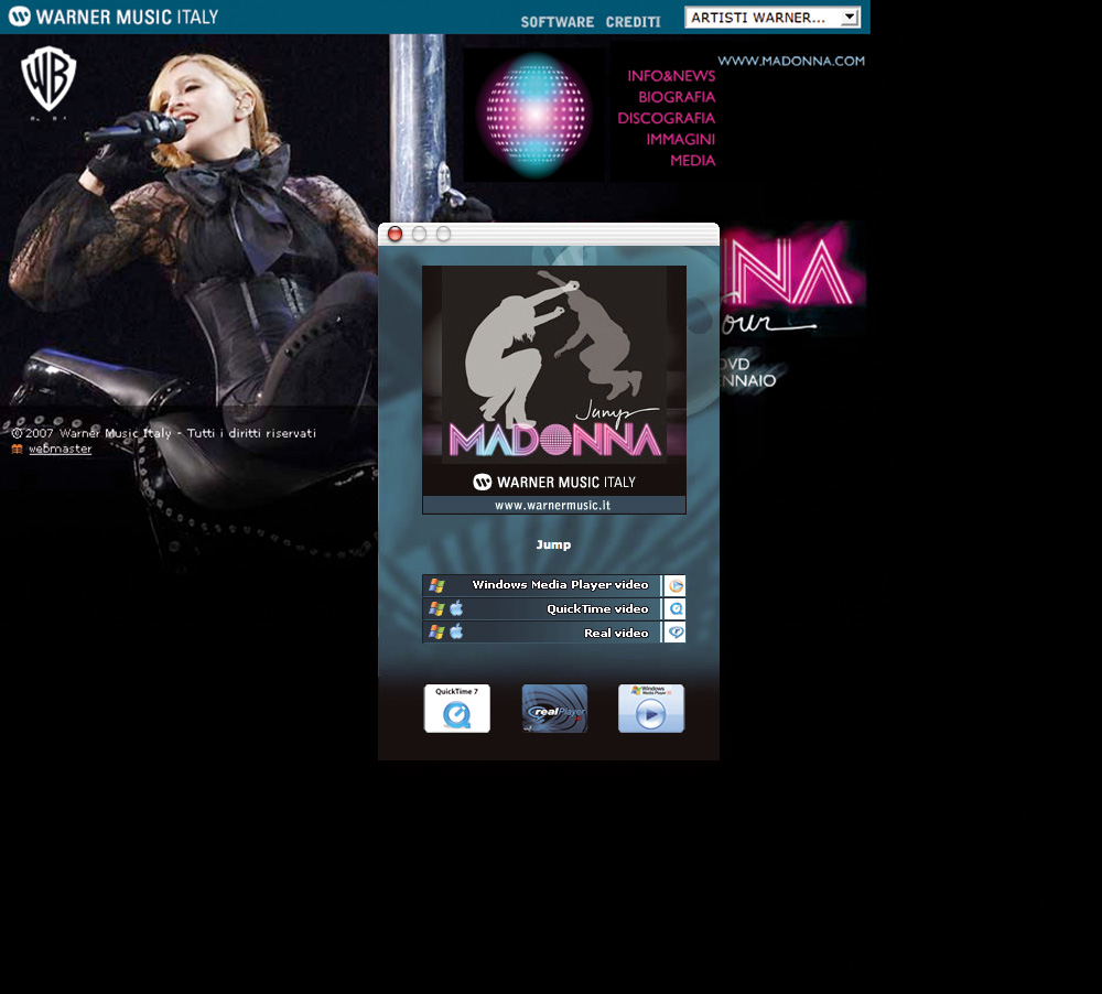 Website Warner Music Italy 2007 - mini-sito dedicato a Madona con player multimediale
