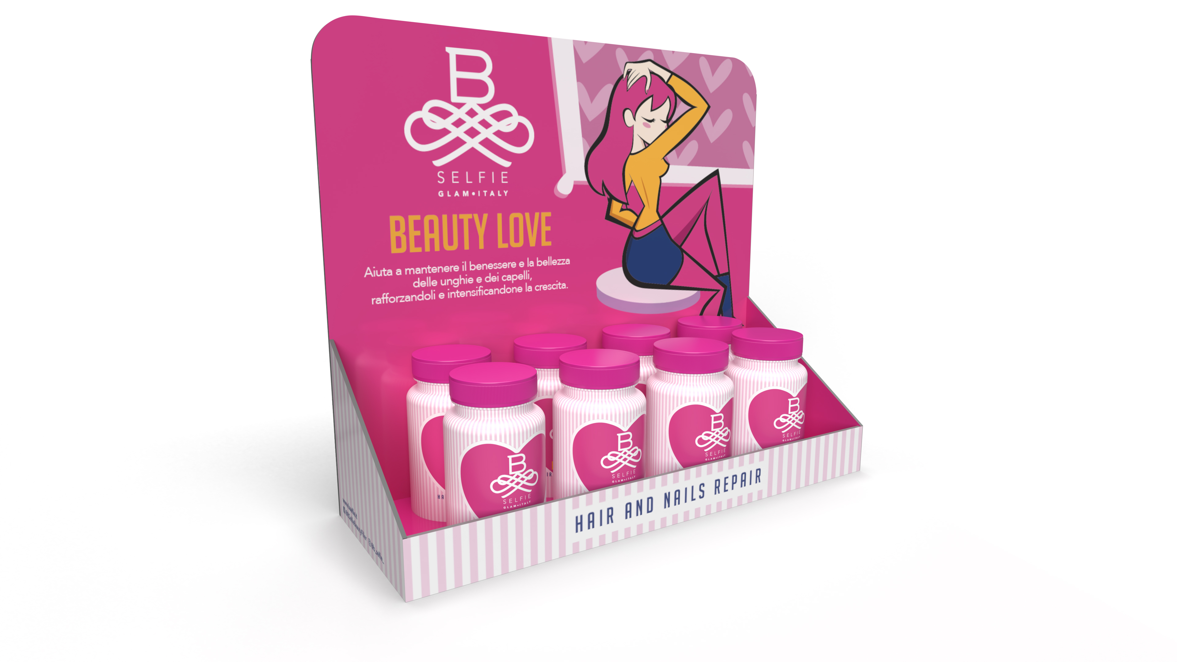 Rendering 3D dell'espositore da banco di Beauty Love di B-Selfie