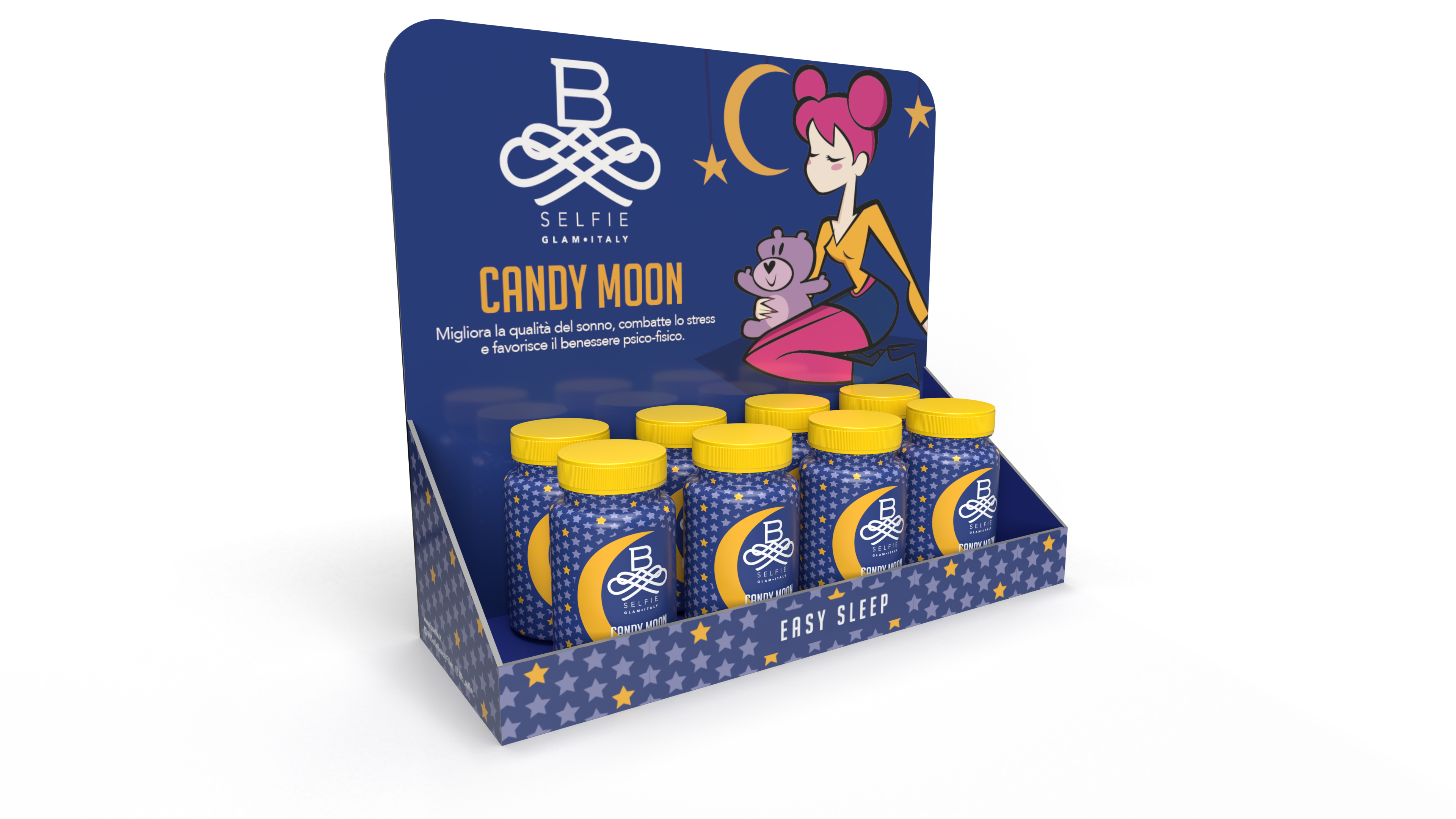Rendering 3D dell'espositore da banco di Candy Moon di B-Selfie